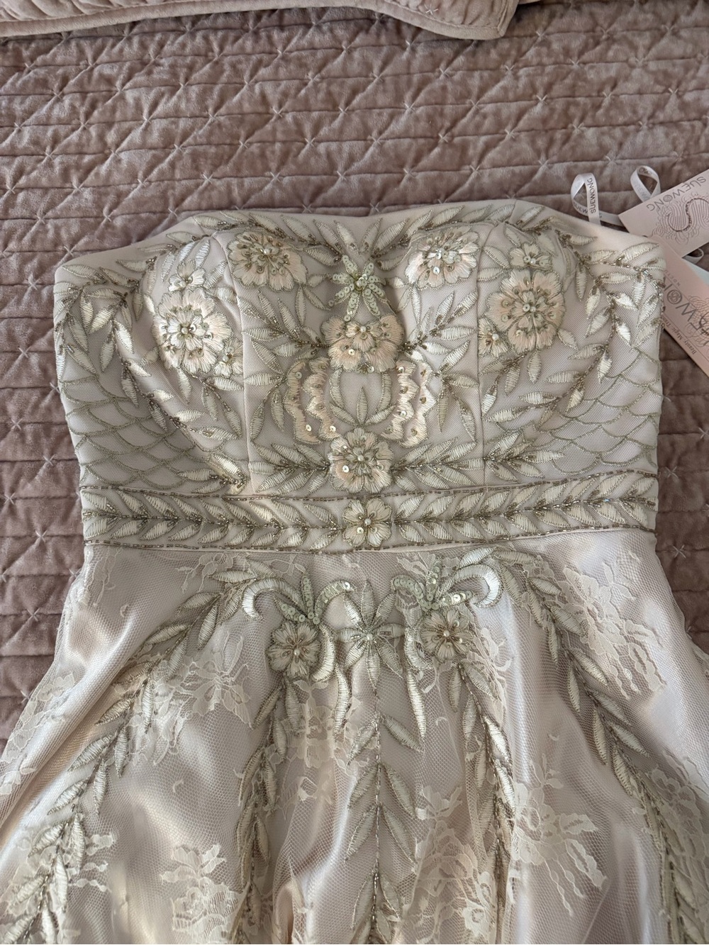 Sue Wong Strapless Lace-Embroidered Kids Dress in Champagne Gold - Picture 4 of 6